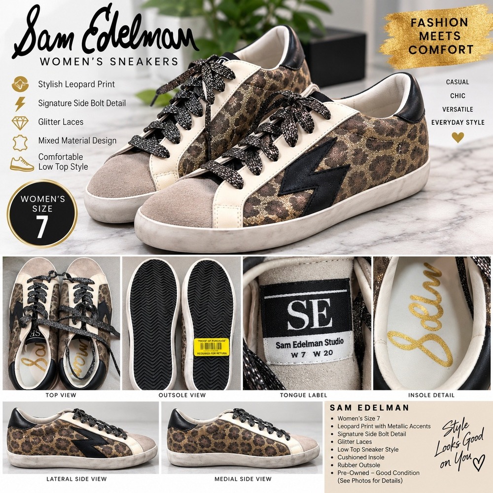 Sam Edelman Studio Womens Leopard Print Side Bolt Low Top Sneakers Size 7 W20